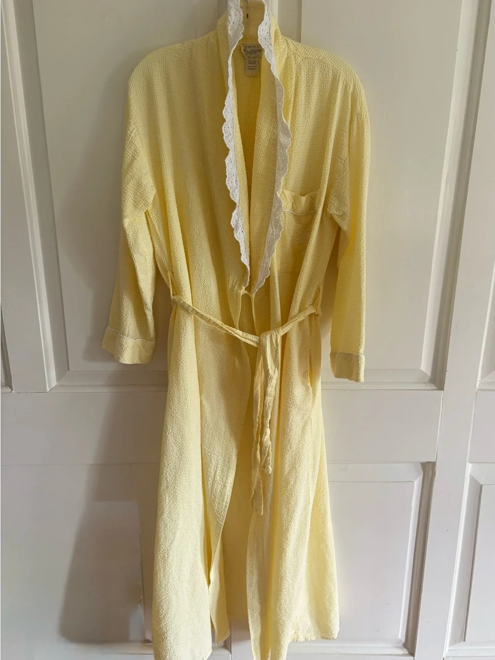 Vtg Lanz of Salzburg Robe Yellow Cotton Seersucker Lace Cottagecore Grannycore S